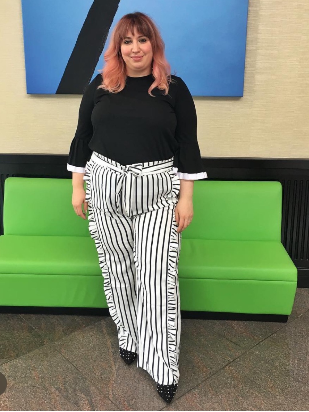 Eloquii Plus Size Women’s Black & White Striped Ruffle Trim Wide Leg Pants